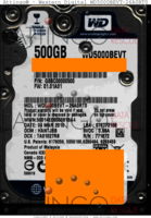 Western Digital Blue WD5000BEVT-26A0RT0 G8BC00000500 04 MAR 2010 Malaysia 01.01A01 SATA front side